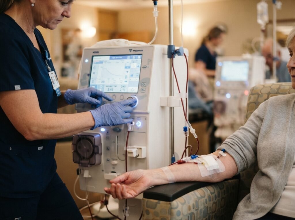 nurse adjusting dialysis machine 202607281501